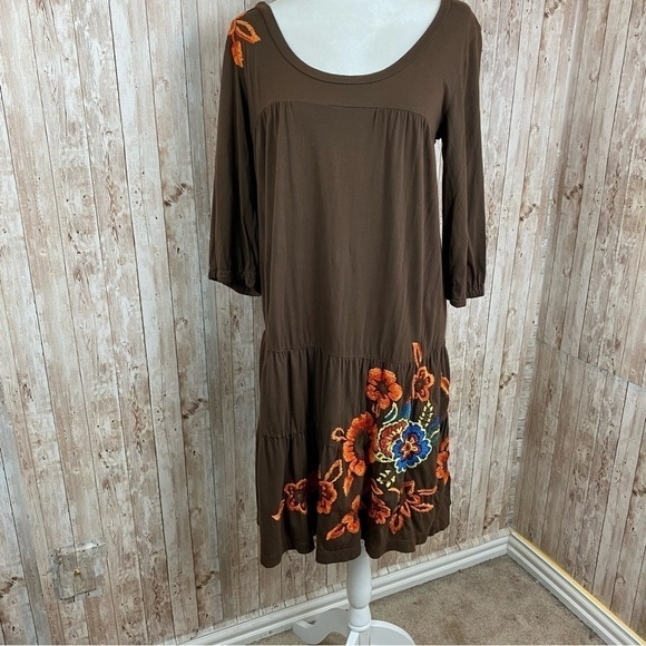 JWLA Johnny Was Brown Cotton Embroidered Boho Dress Size Medium - Picture 1 of 13